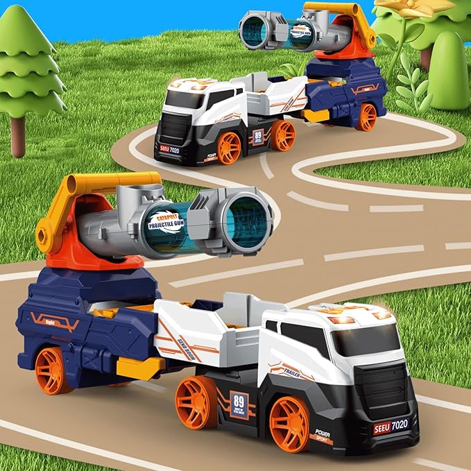 Dwi Dowellin Truck Toys for Kids, 28" Large Car Toys Include 4 Race Cars+6 Soft Foam Balls, with Light & Sounds, Eejection&Shooting Transport Trucks Toy, Gifts for Boys Girls 3 4 5 6 7 8+ Year Old