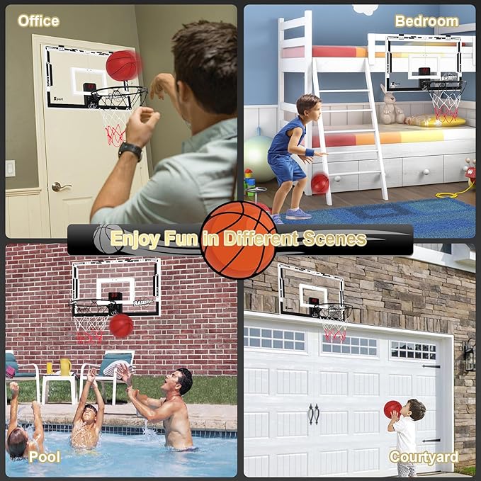 Large Basketball Hoop Indoor, 24" x 16" Mini Basketball Hoop for Kids, Over The Door Basketball Hoop with Scoreboard, Balls & Pump, Sport Toys for Teens Adults Boys Girls Office Bedroom
