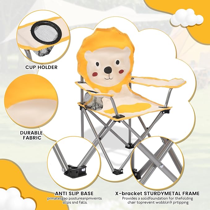 XMT Kids Folding Chair with Cup Holder - Portable Lightweight Outdoor & Indoor Chair for Children Ages 3-9, Anti-Slip Base, Sturdy Metal Frame, Compact Foldable Design with Carry Bag (Yellow/Brown)