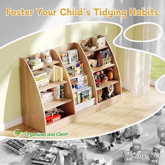 4 Tier Kids Bookshelf, 4 Layer Sling Kid Book Shelf for Kids Rooms, XXL Wood Children Bookcase,Baby Storage Book Rack,Toddler Bookshelfs, Book and Toy Organizer,Books Display Shelf Burlywood