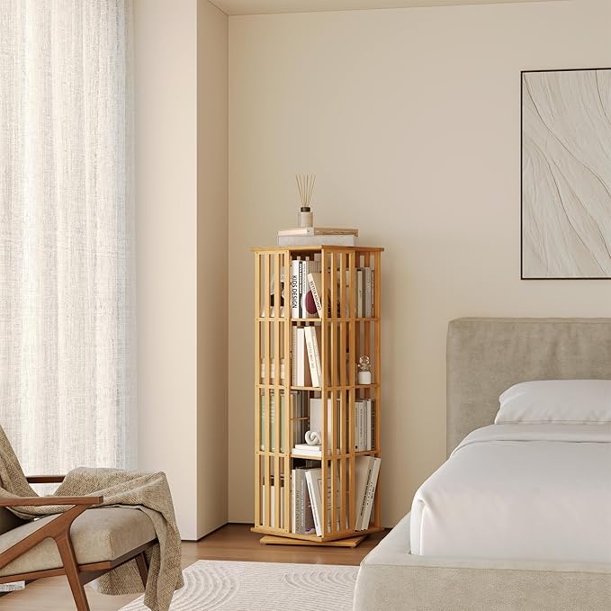 YOWOS Rotating Bookshelf Tower, 360 Display Spinning Bookcase, Bamboo Bookshelf Floor Standing Storage Rack, Wood Narrow Book Shelf Organizer for Kids&Adults (Nature, 4 Tier)