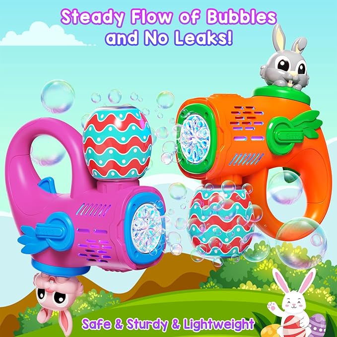 2 Rabbit Bubble Gun Toys - Light-Up Bunny Bubble Machine for Kids Toddlers with 10 Bubble Refill Packs, Fun Gifts for Kids Girls Boys Birthday Party Favors Summer Outdoor Play
