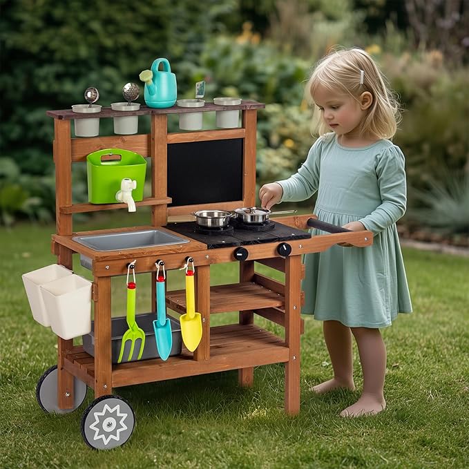 Kitchen Playset for Kids Ages 3-8, Wooden Pretend Play Kitchen for Toddlers, Including Telephone, Ice Maker, Refrigerator, Dimensions: 35” H x 31” W x 12” D (Brown)