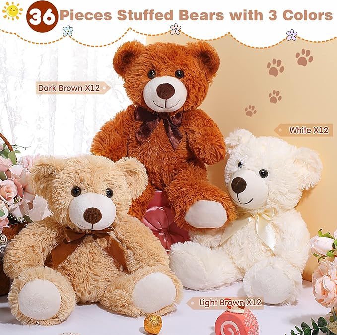 HyDren 36 Pcs 14 Inches Stuffed Bears Animals Plush Toys Bulk Soft Cute Small Shaggy Bear for Baby Shower Birthday Gifts Wedding Party Favor Decoration(Light Brown, Dark Brown, White)