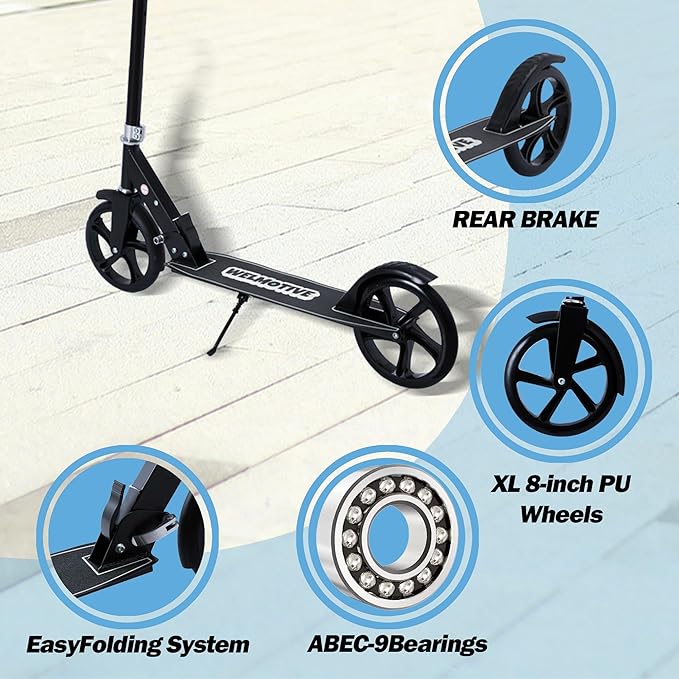 Kick Scooter for Kids Ages 6+, Teens & Adults, Adjustable Handlebars, Rear Brake, Big Wheel Foldable Scooter for Indoor & Outdoor