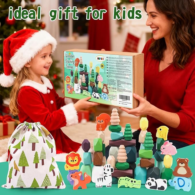 Wooden Stacking Rocks Toys Set for Kids Educational Stacking Blocks Building Blocks for Toddlers 1-3 Forest Theme Montessori Toys Creative Stacking Game for Children