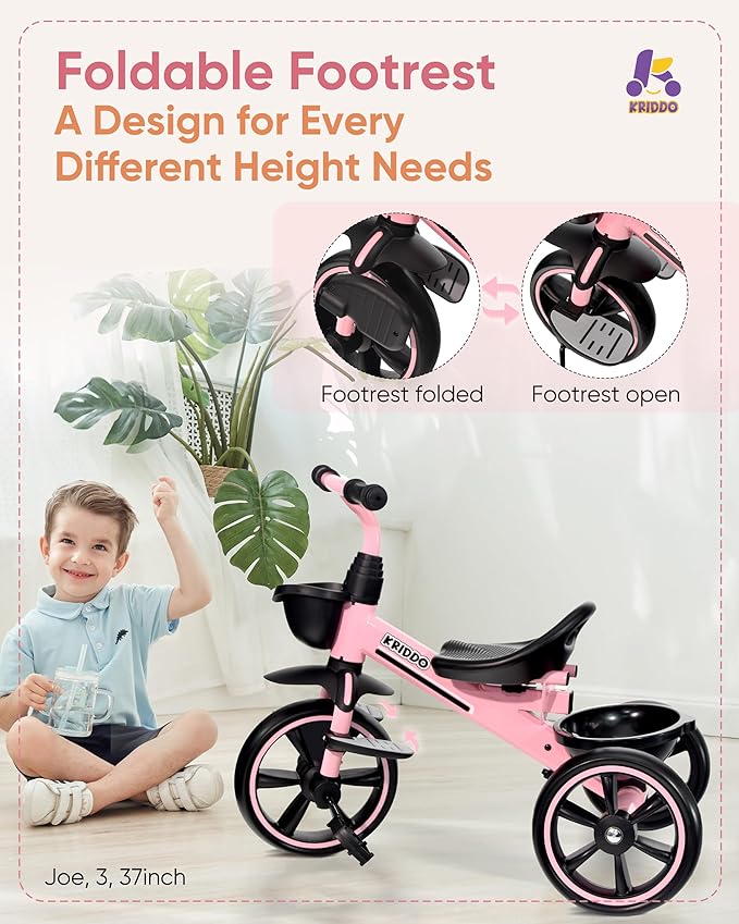 KRIDDO 2-in-1 Toddler Tricycle for Ages 18 Months to 5 Years Old - Extended Push Handle for Effortless Push, Gift Trike for Toddler 3 to 5 Year, Kids Tricycle with Foldable Front Footrest, Pink
