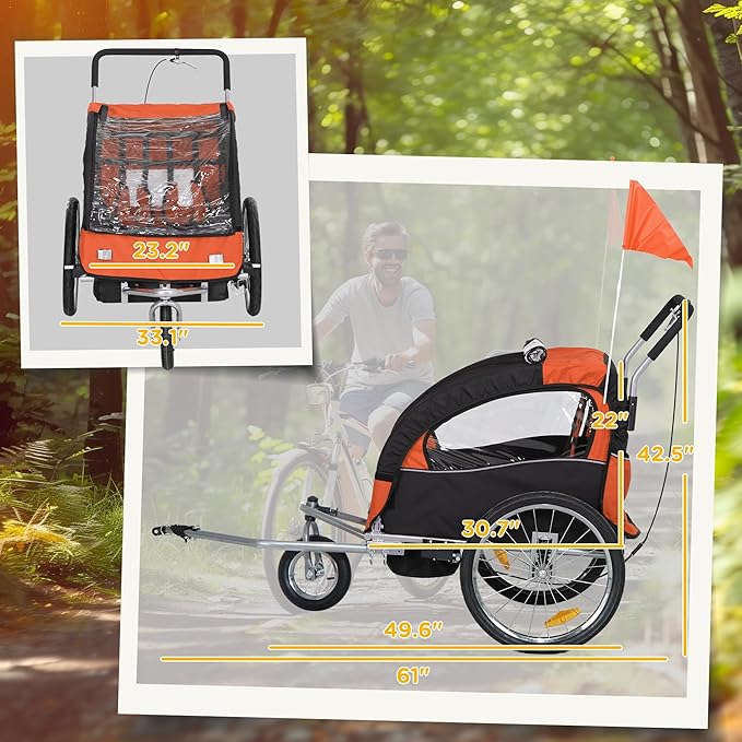 Aosom Elite 360 Swivel Bike Trailer for Kids Double Child Two-Wheel Bicycle Cargo Trailer with 2 Security Harnesses