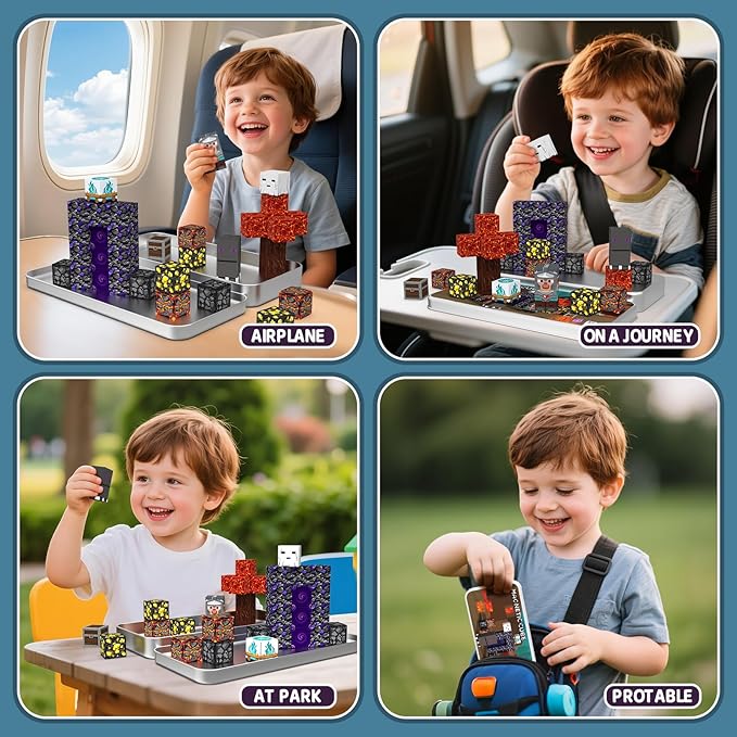 Magnetic Building Blocks Travel Toys, Age 3+ STEM Toy with Portable Tin Compatible with Magnetic Tiles, Ideal for Open Boy Ages 4-8 Holiday Birthday Easter Gifts