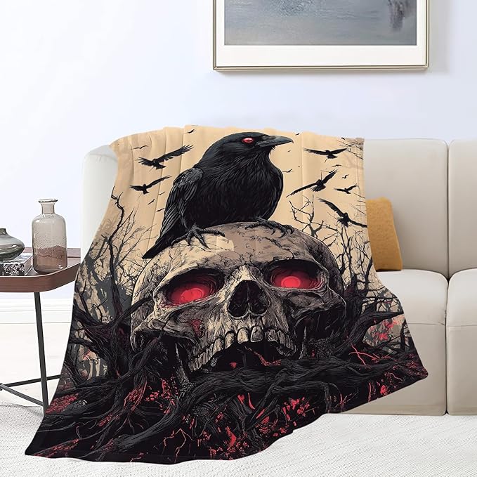 Skull Blanket Skeleton Throw Blanket Crow Gifts for Men Women Boys Girls Kids Adults Super Soft Cozy Plush Fluffy Fuzzy Fleece Blanket Decor 50''X60''