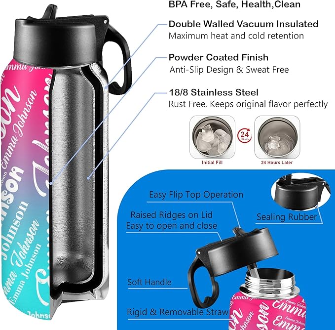 M YESCUSTOM Personalized Water Bottles for Kids with Straw Lid Custom Sports Water Bottle for School Personalized Names Stainless Steel Double Wall Insulated Cup Customized Gifts for Boy Girl Style13
