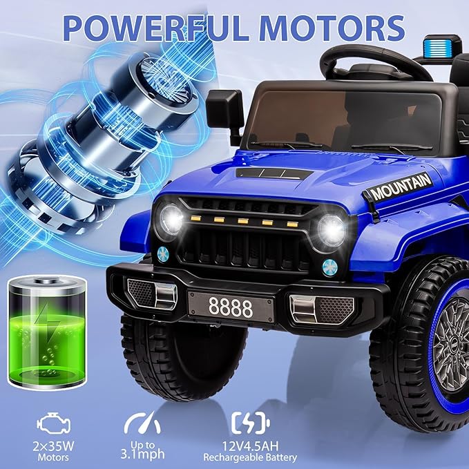 12V Kids Ride-on Truck with Parent Remote Control,All-Terrain Electric Car with Twin 35w Motors, 3 Speeds & Spring Suspension,LED Lights for Fun Night Drives,Ideal Gift for Boys & Girls