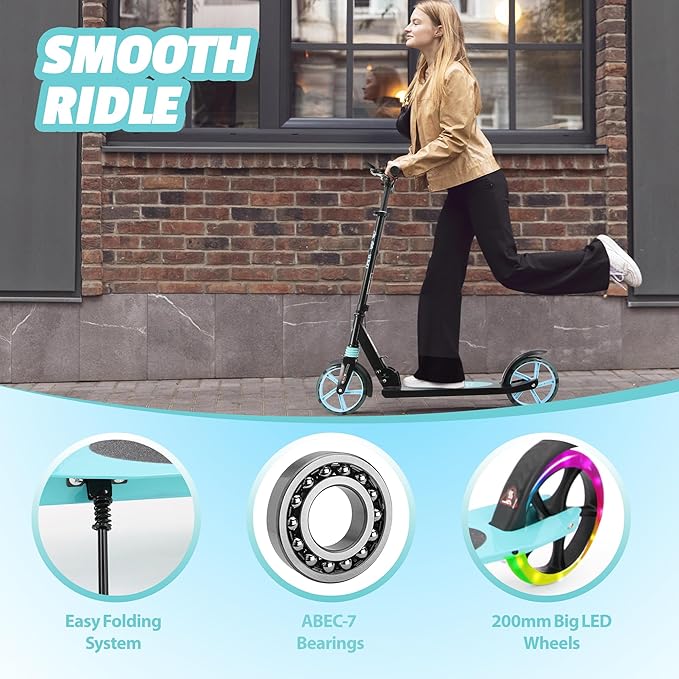 Scooter for Kids Ages 8+ Teens & Adults, Lightweight Kick Scooter with Carry Strap Adjustable Height Equipped with Front handbrake and Rear Brake, Big Sturdy PU Flash Wheels