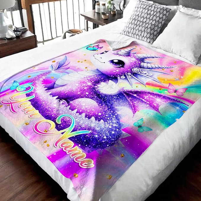 Personalized Blankets for Girls, Dragon Throw Blanket Gift for Girls Kids Teens, Custom 80"x60" Soft Flannel Lightweight Throws Throws for Couch Sofa