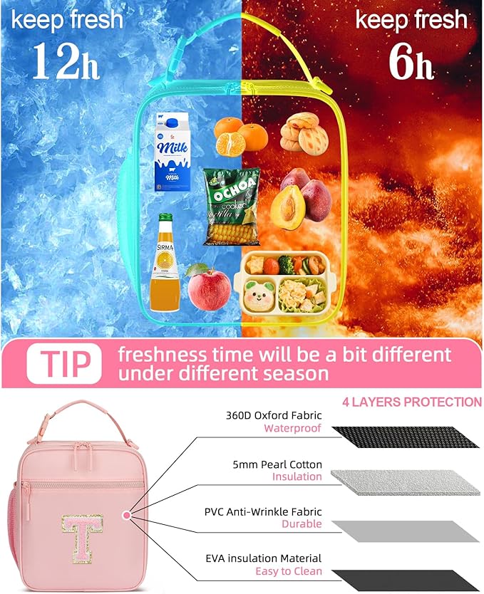 Initial Insulated Lunch Bag for Girls Kids, Back to School Gift, Reusable Leak-proof Lunch Box with Adjustable Strap for School Daycare Travel Picnic (Pink,T)
