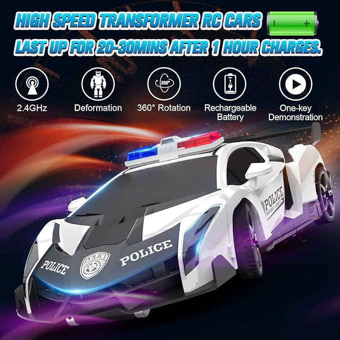 BLUEJAY Transform Rc Cars for Boys 4-7 8-12, 2.4Ghz 1:18 Scale Remote Control Car Transforming Robot, One-Button Deformation 360° Rotation and Drift Car Toy Gifts for Boys 3-5 (White)