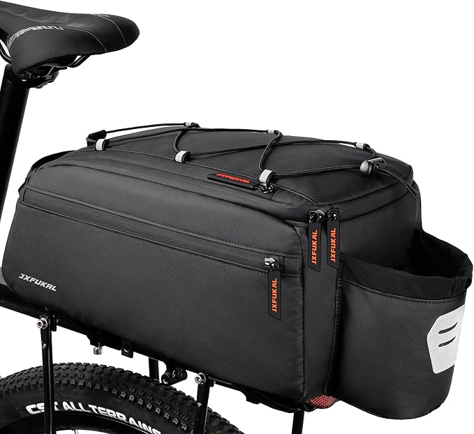 JXFUKAL Bike Bags for Bicycle Rear rack, 13L Supportive Bike Rack Bag Built-in Rigid side & Base Panel, Waterproof Reflective Ebike Trunk Pannier Saddle Seat Bag Carrier for Commuter Travel Outdoor