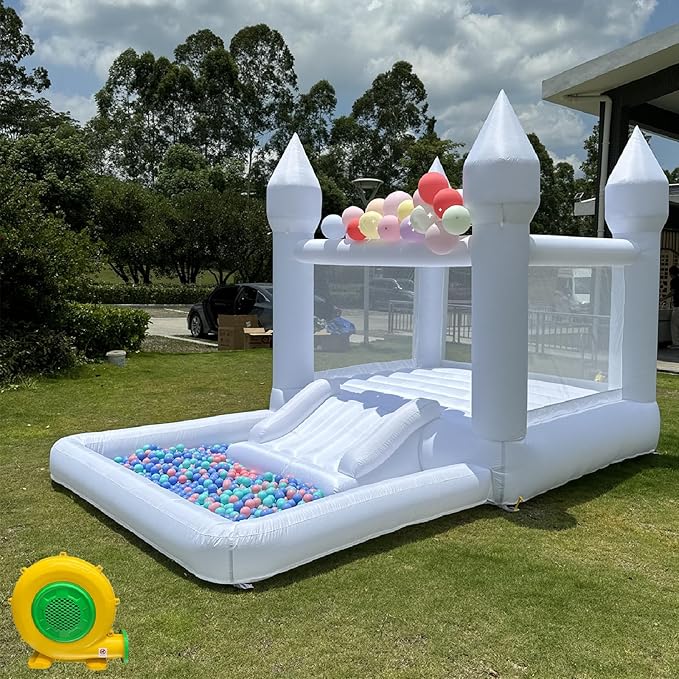 Portable White Bounce House with Slide and Ball Pit Multifunctional Inflatable Bouncer for Kids(13 * 8 * 8ft Oxford Cloth，with Air Blower
