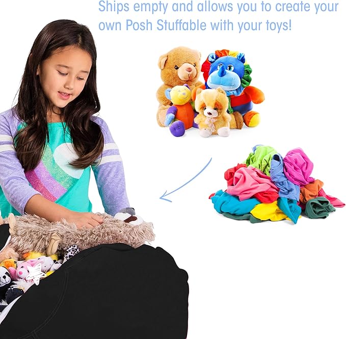 Posh Stuffable Kids Stuffed Animal Storage Bean Bag Chair Cover - Childrens Toy Organizer, Medium 27" - Solid Black