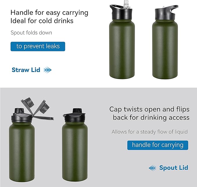 VEGOND 32 oz Insulated Water Bottle Bulk Stainless Steel Metal Water Bottles with Leak Proof Straw Lid & Spout Lid, Wide Mouth Double Walled Vacuum Travel Sports Bottle, 4 Pack