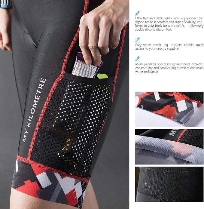 MY KILOMETRE Mens Triathlon Shorts with Adjustable Drawstring Easy Reach Leg Pockets Chamois for Long-Distance Tri Race