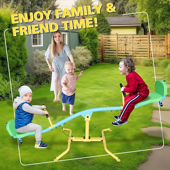 360 Degree Rotation Seesaw Swivel Teeter-Totter, 2/3/4 Seats Sit and Spin Outdoor Playground Equipment for Kids, Toddlers, Boys, Children (Green-2 Padded Seats)