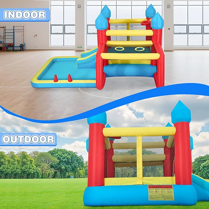 Inflatable Bounce House for Kids 3–6, 6-in-1 Bouncy House with Slide and Blower, Ball Pit, Climbing Wall, Basketball & Soccer Play, Inflatable Castle Gift for Kids Indoor Outdoor Backyard Party Fun
