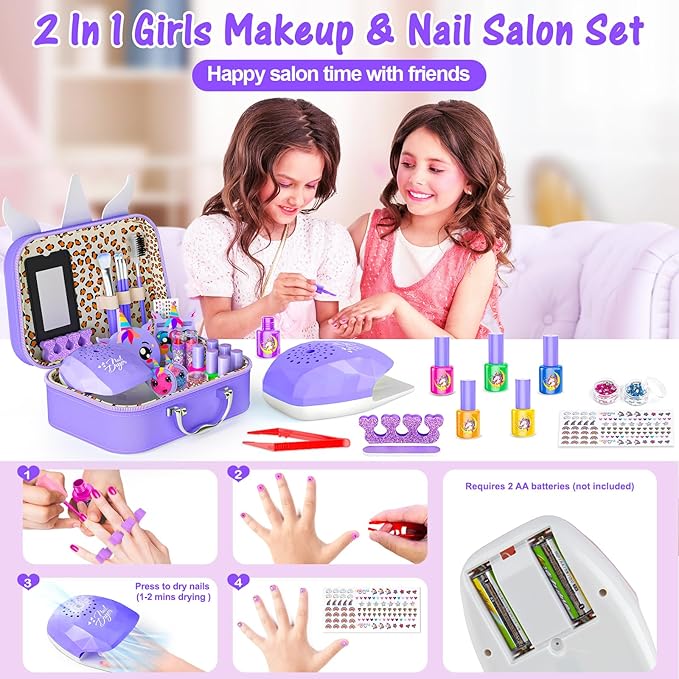 Kids Makeup Kit for Girl - 2 in 1 Kids Washable Makeup Toys & Nail Art Kit with Nail Dryer and Storage Case, Real Girl Makeup Set Birthday Gifts Toys for 3 -12 Year Old Girls, Purple
