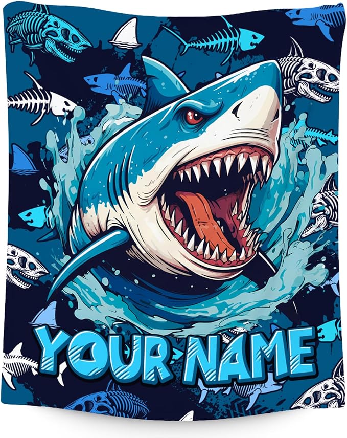 Personalized Shark Blanket - Throws Gifts for Boys - Custom Flannel Cozy Blankets for Living Room, Office - 4 Size