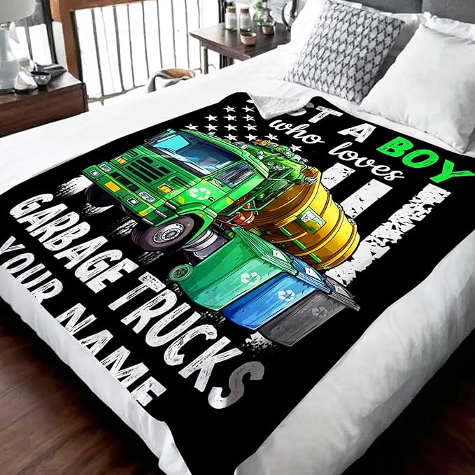 Custom Garbage Truck Blanket for Boys, Cute Throw Blanket Gifts for Kids Truck Lovers, Personalized 50x60 Inches Black Soft Fuzzy Blankets for Sofa Couch Bed Travel