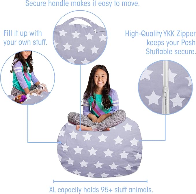 Posh Creations Kids Stuffed Animal Storage Bean Bag Chair Cover - Childrens Toy Organizer, Large-38in, Canvas White Stars on Gray