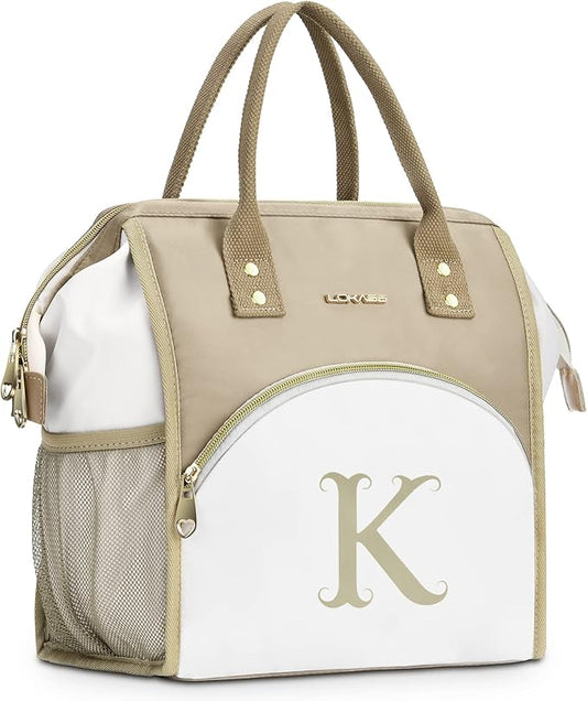 Personalized Lunch Box for Women, Initial Reusable Insulated Lunch Bag, Wide-Open Adult Lunchbox Cooler Lunchbag, Leakproof Lunch Tote for Picnic Work Outdoors, Christmas Gift for Women, Brown - K