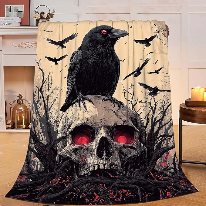 Skull Blanket Skeleton Throw Blanket Crow Gifts for Men Women Boys Girls Kids Adults Super Soft Cozy Plush Fluffy Fuzzy Fleece Blanket Decor 40''X50''