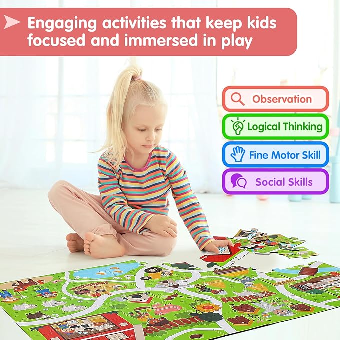 Farm Animals Jumbo Floor Puzzle, 48 Piece Large Jigsaw Puzzles for Toddler 3-5, Farm Adventure Play Mat for Pretend Play, Preschool Educational Toys for Kids Ages 4-8