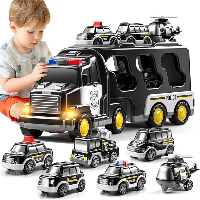Police Truck Toy for 3-9 Years Old Boys & Girls - 7 in 1 Black Carrier Vehicle Set with 5 Toy Cars & 1 Helicopter, Friction Powered Car for Kids Age 1-3, Birthday Gifts for Toddlers 3-5