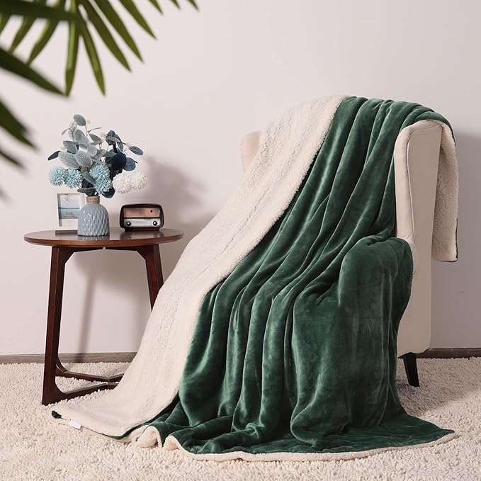NANPIPER King Size Sherpa Blanket, Soft Fleece Throw for Bed, Reversible Thick Fuzzy Blanket for Winter (Olive Green, 90x108 inches)