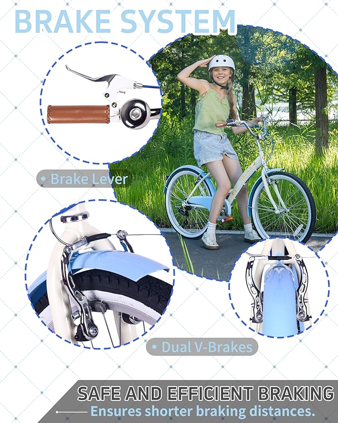 24 Inch 6-Speed Hybrid Beach Cruiser Bike for Girls Youth Ages Over 8 Years Old Kids Bicycle with Dual V-Brakes Adjustable Seat, Multiple Colors