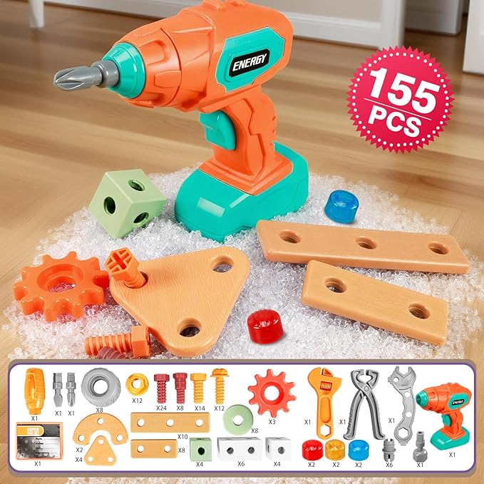 Kids Tool Set with Drill,155Pcs Toddler Tool Set with Toolbox,STEM Montessori Toys for 3 4 5 Year Old,Pretend Play Kid Toy,Educational Construction Toy for 3-5 Year Old Boy Girl,Birthday Gift for Kids