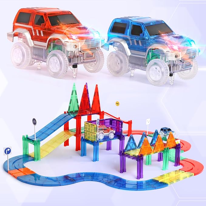 Playmags Magnetic Tiles Race Track Set - 200 Piece STEM Engineering Building Blocks with 2 LED Race Cars, Educational Magnet Toy for Kids