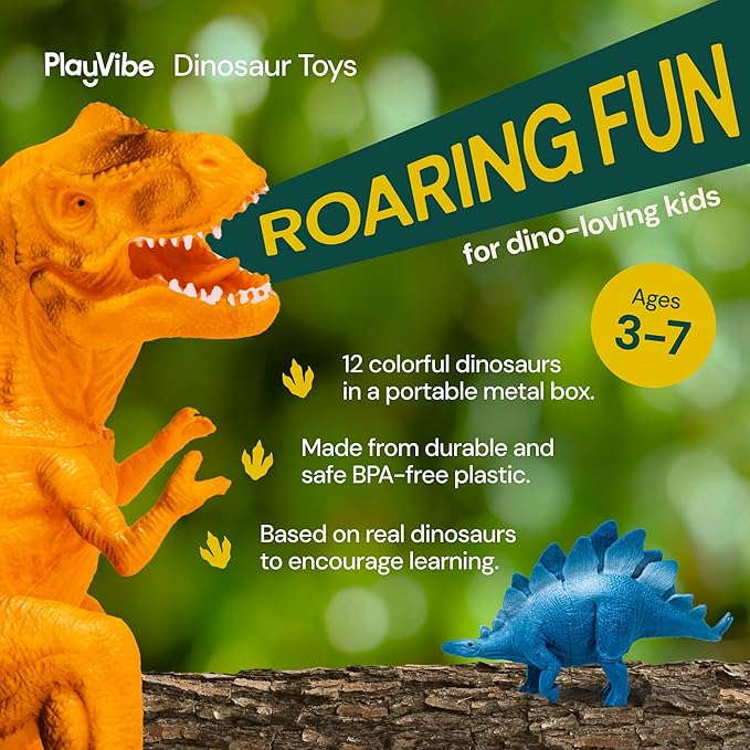 PLAYVIBE Dinosaur Toys - 12 Realistic 7-Inch Models, Multi-Color, Metal Storage Box - Dinosaur Figures & Action Figures for Kids Ages 3-7