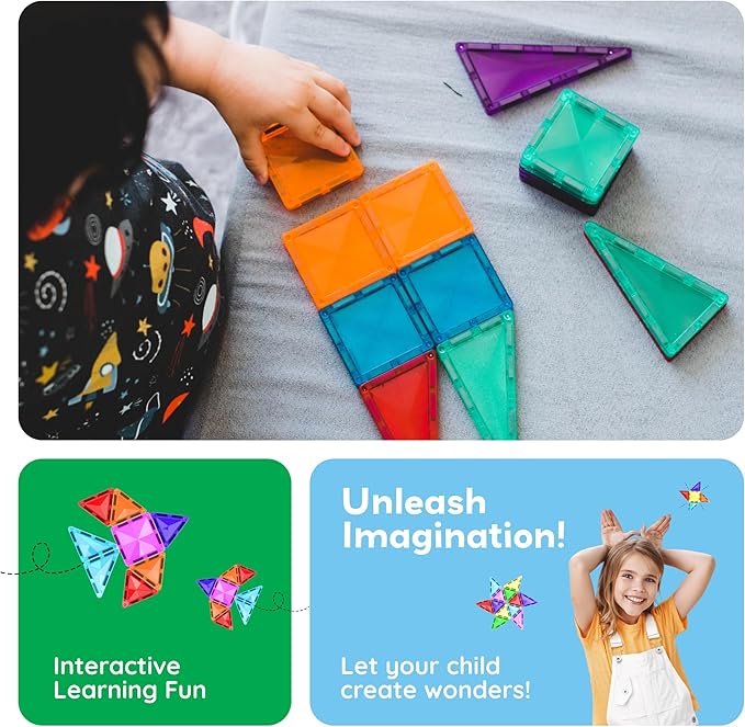 PicassoTiles Magnetic Tiles Building Blocks Mini Size Diamond Series Magnet Toys Travel Size On-The-Go Magnets Construction Sensory Toys Gifts Educational Set Toddlers STEM Learning Kit Playset PTM40