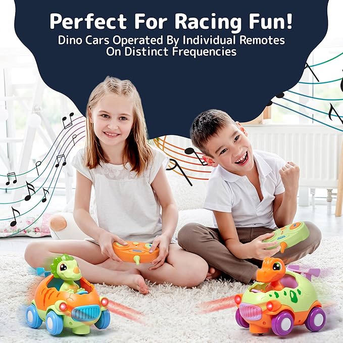 PREXTEX Dino Remote Control Car - Cartoon Style Dinosaur Remote Car with Music and Lighting - Disassemblable and Assemblable - Forward and Rotational Movement - Plastic - Multi-Color