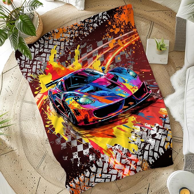 Racing Blanket Kids Blankets for Boys 1-3 Gift for Son Grandson, Cozy 40 x 30 Inches Car Flannel Throws for Bed Living Room Garden Camping