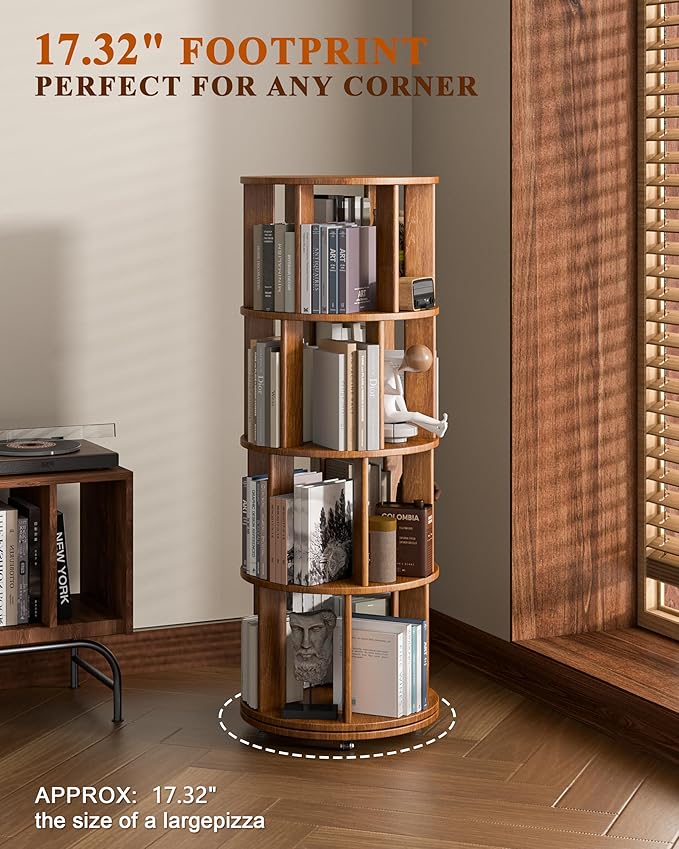 4-Tier Solid Wood Rotating Bookshelf on Wheels, 360° Spinning Book Shelf Tower, Round Revolving Bookcase Organizer, Rolling Bookshelves for Small Spaces, Corner, Bedroom, Kids Room, Office, Walnut
