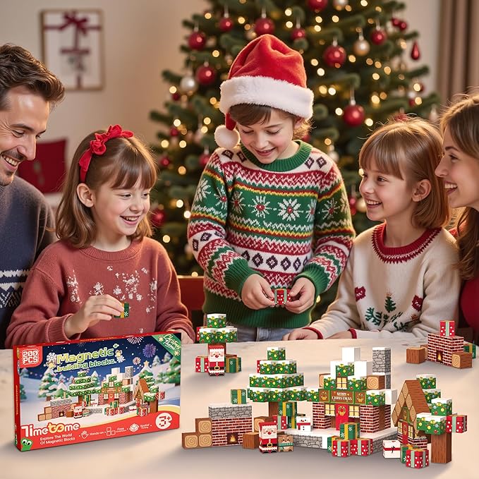 Magnetic Blocks, 200PCS Magnetic Building Block Cubes, STEM Montessori Sensory Toys for Kids Boys Girls Ages 3 4 5 6 7 8 9 10 (Christmas Version)