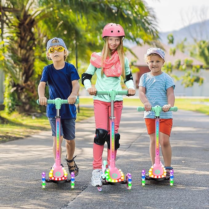 2-in-1 Adjustable Kick Scooter for Kids 3-5 (Suitable 3-12 Years),5-Level Handlebar & Removable Seat, LED Light-Up Wheels, Wide Deck, Foldable Design for Indoor/Outdoor Use - Girls & Boys