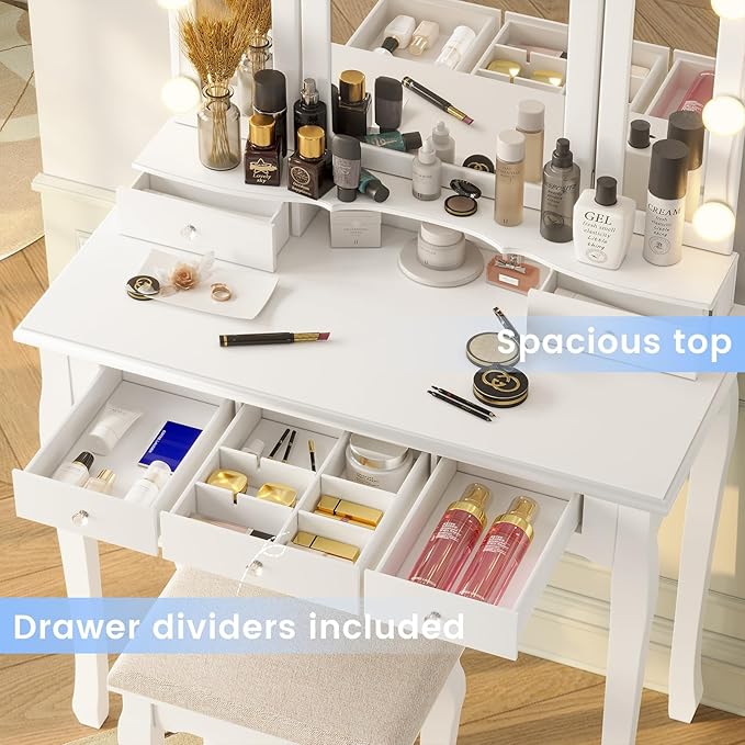 Tiptiper Makeup Vanity with Lights, Vanity Desk with Lighted Mirror and Stool, Vanity Table Set with 5 Drawers, 3 Light Settings, Adjustable Brightness, White