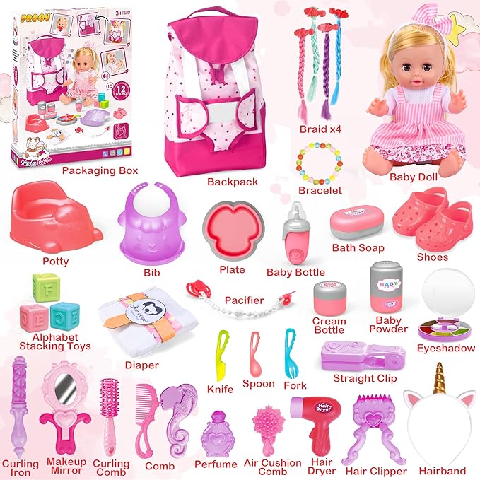 Baby Care Doll Toys Set, 36PCS Dolls Playset, Hair Salon Pretend Play Toddler Doll Toys Incl 14'' Baby Dolls Toy, Backpack, Hair Dryer, Curler, Xmas Gifts for Age 3 4 5 6+ Years Old Girls Kids