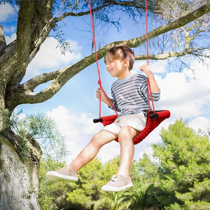 Swing Seat for Kids Heavy Duty Rope Play Secure Children Swing Set,Perfect for Indoor,Outdoor,Playground,Home,Tree,with Snap Hooks and Swing Straps,440 lbs Capacity,Red