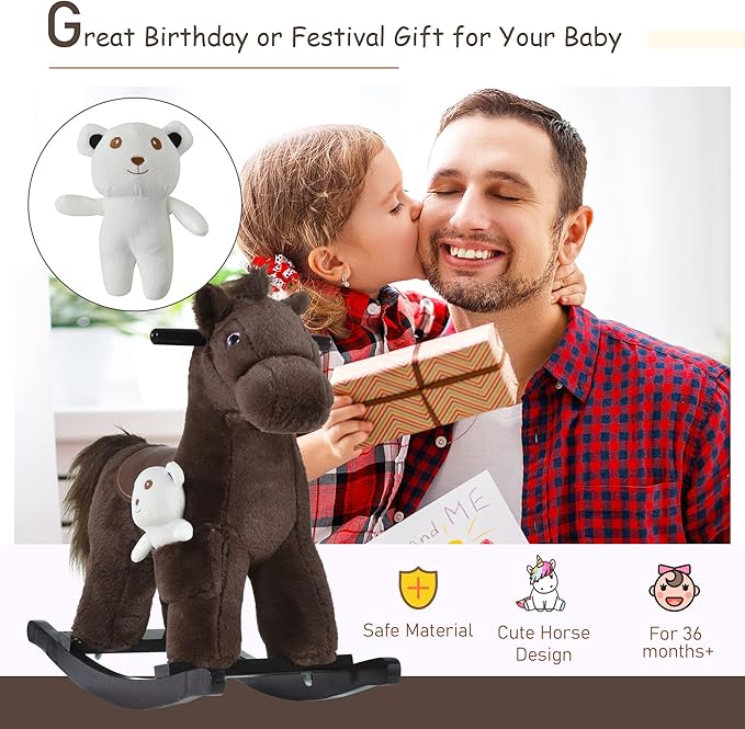 Qaba Kids Plush Ride-On Rocking Horse with Bear Toy, Children Chair with Soft Plush Toy & Fun Realistic Sounds, Brown